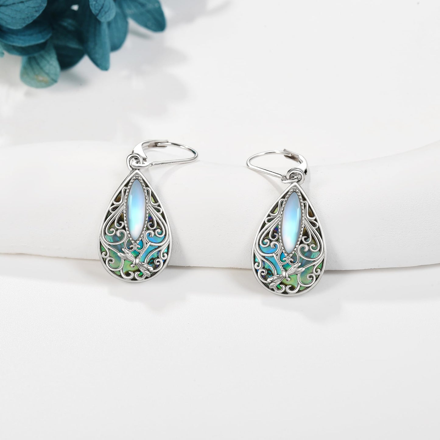 Dragonfly Filigree Earrings Sterling Silver Teardrop Abalone Shell Drop Dangle Earring Filigree Leverback Earrings Gifts for Women Jewelry