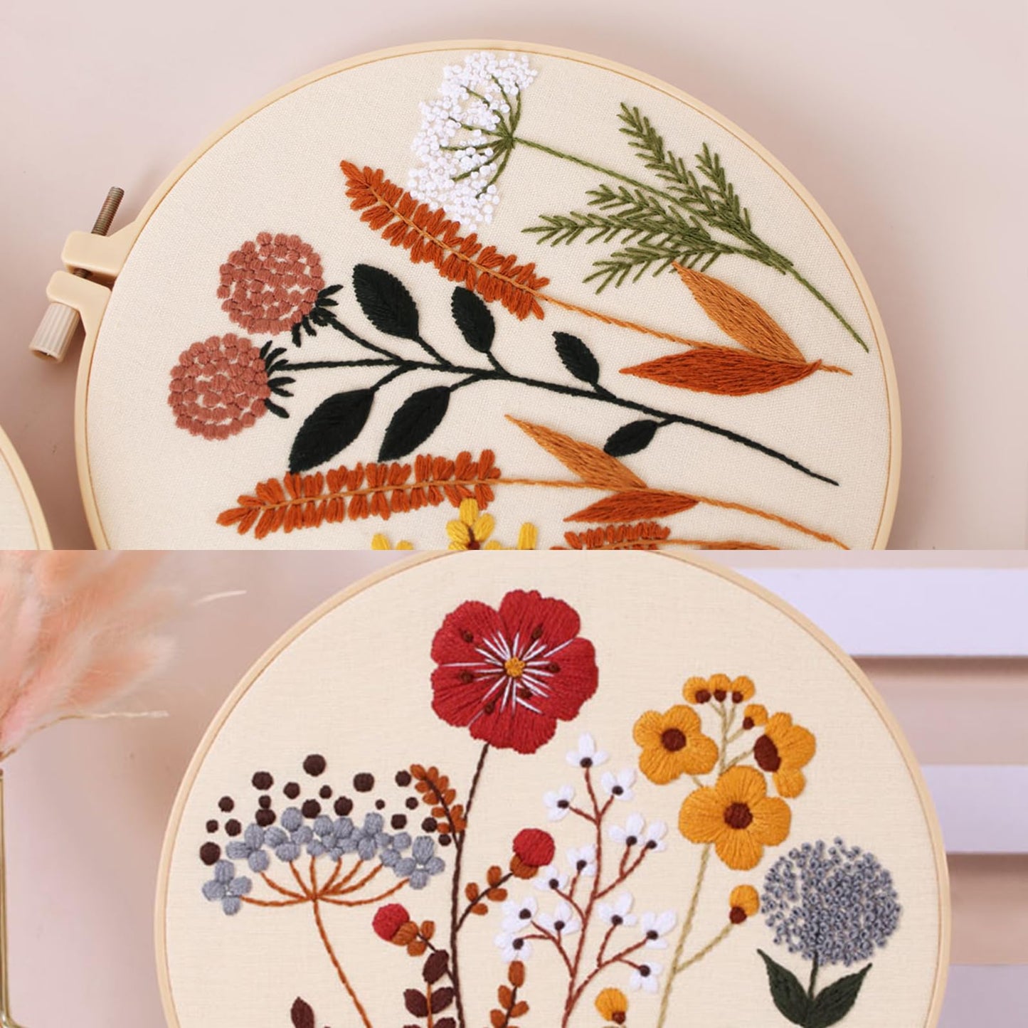 Smart-Feather 3 Sets Embroidery kit for Beginners, Hand Embroidery Kits for Adults with Hoop, DIY Art Project Craft Kit (Flower)