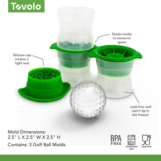 Tovolo Golf Ball Ice Cube Molds Set of 3 Large Craft Ice Sphere Molds for Whiskey Bourbon Cocktail Drinks, Easy Fill Quick Release Dishwasher Safe Golf Ice Mold, Fun Gift Ideas for Fathers & Golfers