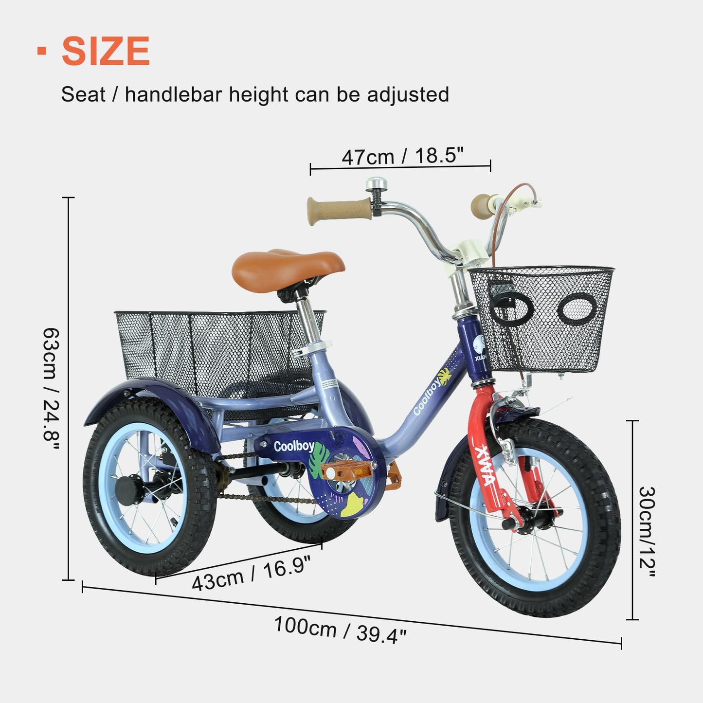 Glyncipher 12 inch Trike, Kids Tricycle, Ages 3+, Beginner Riders, Front & Rear Basket, Passenger Seat, Purple