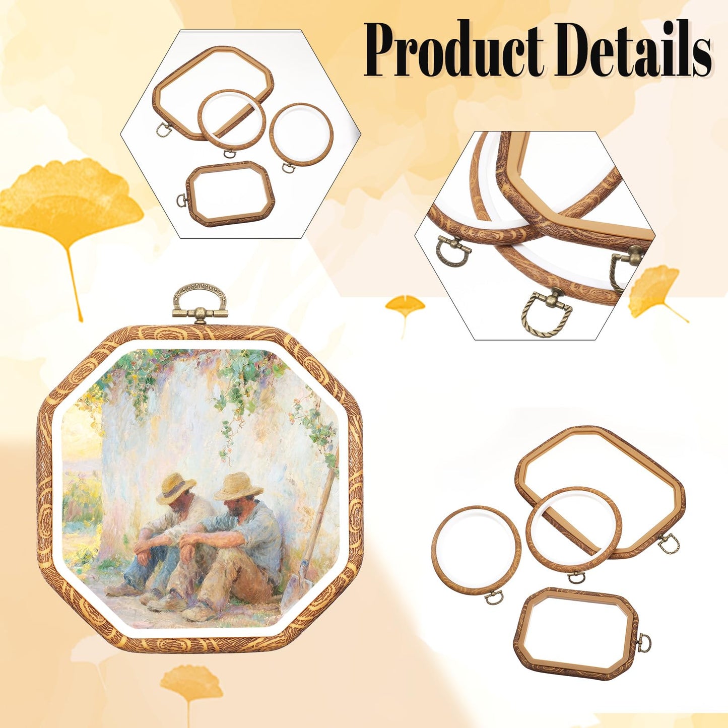 Oqqlin 9 Pcs Embroidery Hoop Frame, 4 Shapes Large Imitated Wood Cross Stitch Hoop Ring with Scissors Display Decorative Embroidery Hoops for DIY Arts, Crafts, Sewing, Hanging Ornaments Decor