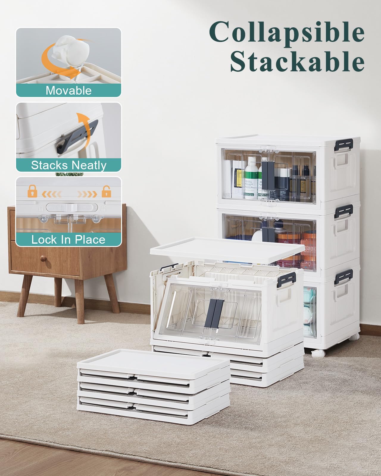 OlarHike 23QT Stackable Storage Bins with Lids - Folding Storage Box with Doors and Wheels, Collapsible Plastic Storage Bins for Closets and Organization, Bathroom, Office, Gifts, 3 Pack Cubes