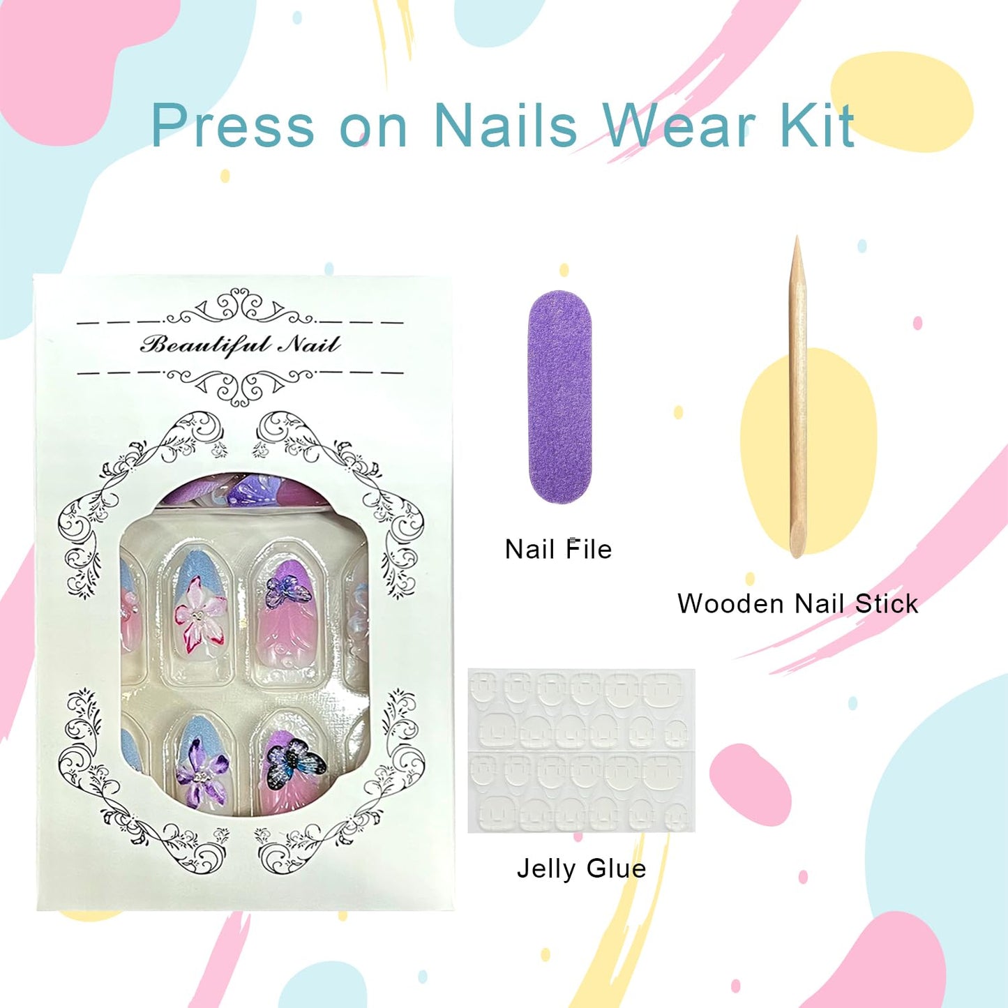3D Flower Press on Nails Medium Almond Fake Nails with Butterfly Designs Blue French Tip False Nail Spring Summer Floral Stick on Nail for Women 30 Pcs