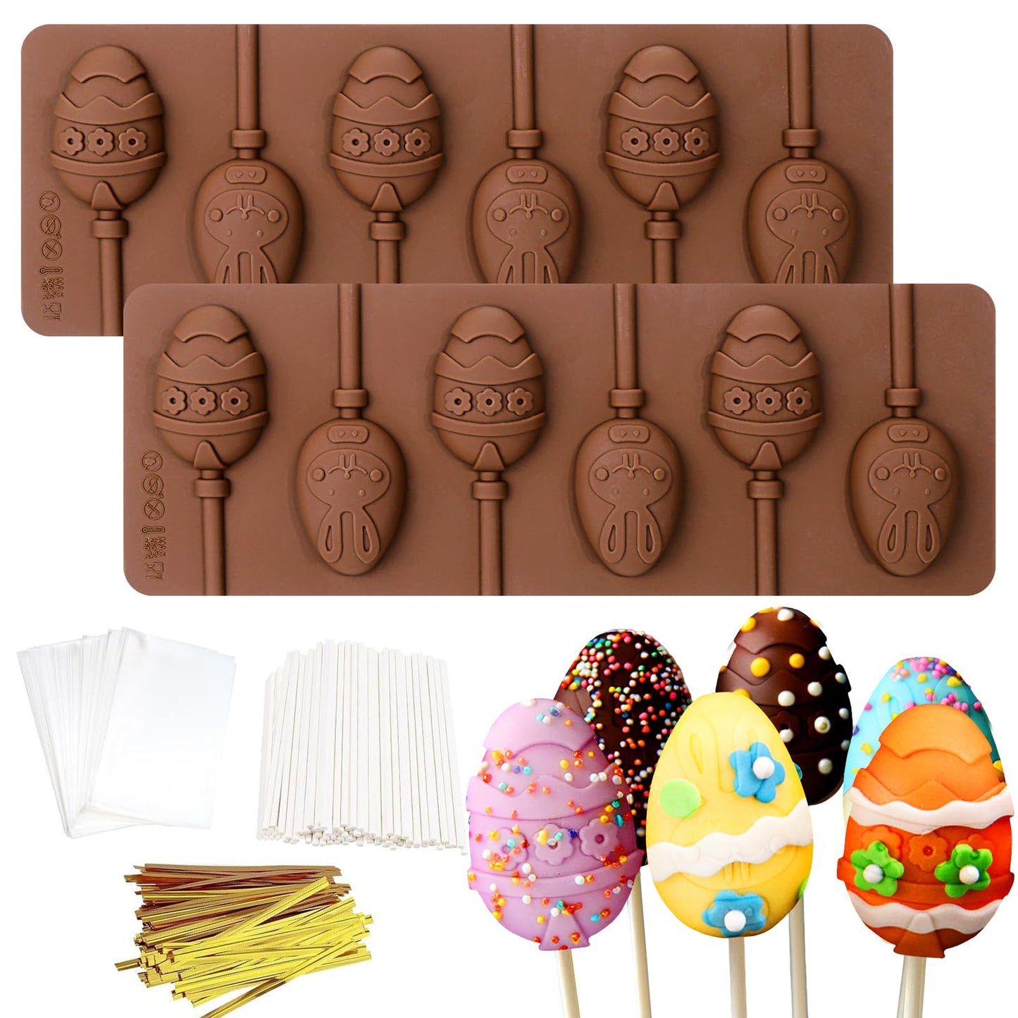 Mity Rain Easter Cake Pop Mold Kit – 2pcs Egg Silicone Molds, 100 Bags, 100 Sticks and 100 Gold Ties, DIY Egg Lollipop Molds for Chocolate, Candy, Cupcake Decorations Easter Celebrations