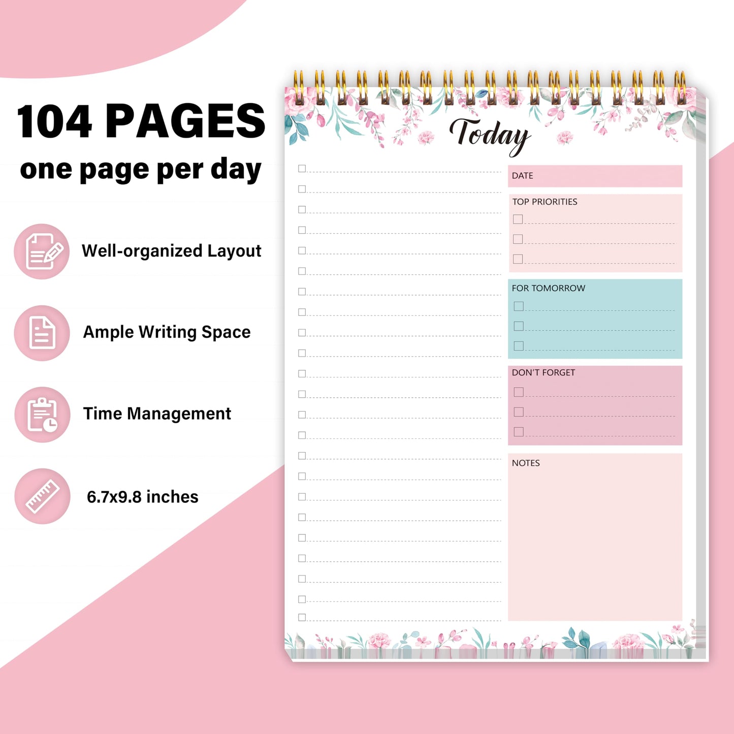 To Do List Notepad - Daily Planner Notepad 104 Pages Task Planner, 6.7" x 9.8" Double Sided Spiral Notebook with Checklist Productivity Planning Pad for Work Office Home-Pink