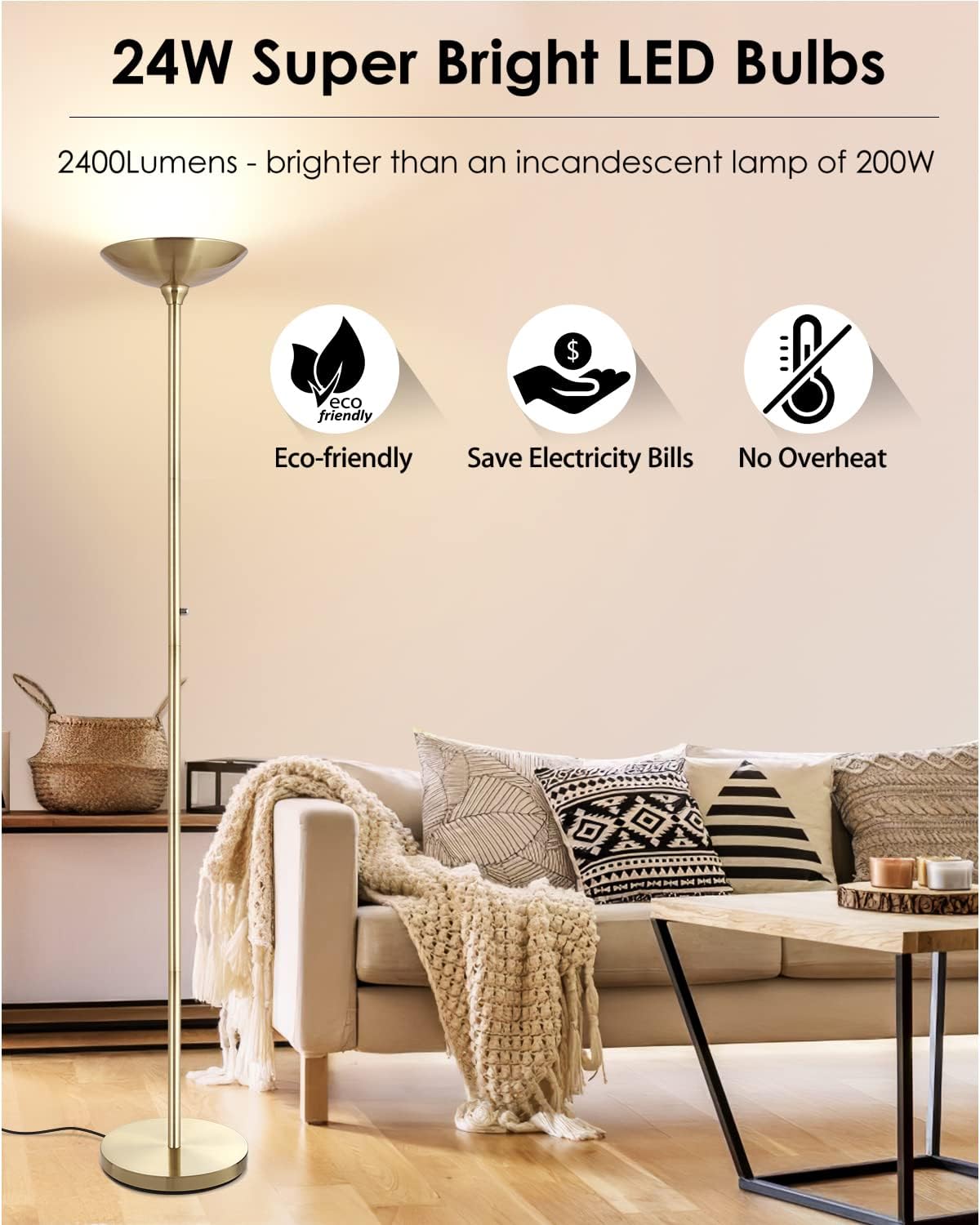 BoostArea Torchiere Floor Lamp Gold, 30W Super Bright LED Standing Lamp, 3000K Stepless Dimmable Pole Lamp with Rotary Switch, 70 Inch Tall Metal Modern Floor Lamps for Living Room/Bedroom/Office/Den