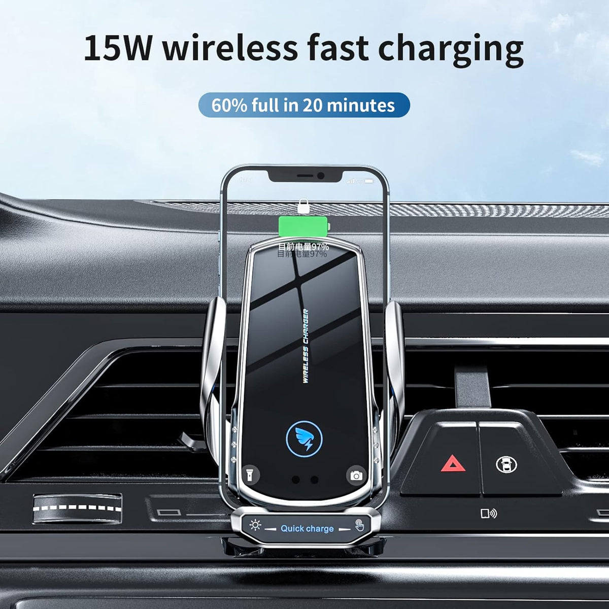 Wireless Car Charger Mount Automotive Electric Induction 15W Fast Charging Auto Clamping Car Phone Holder Mount Wireless Charging Mount Air Vent Phone Holde Compatible with All Android (Blue)