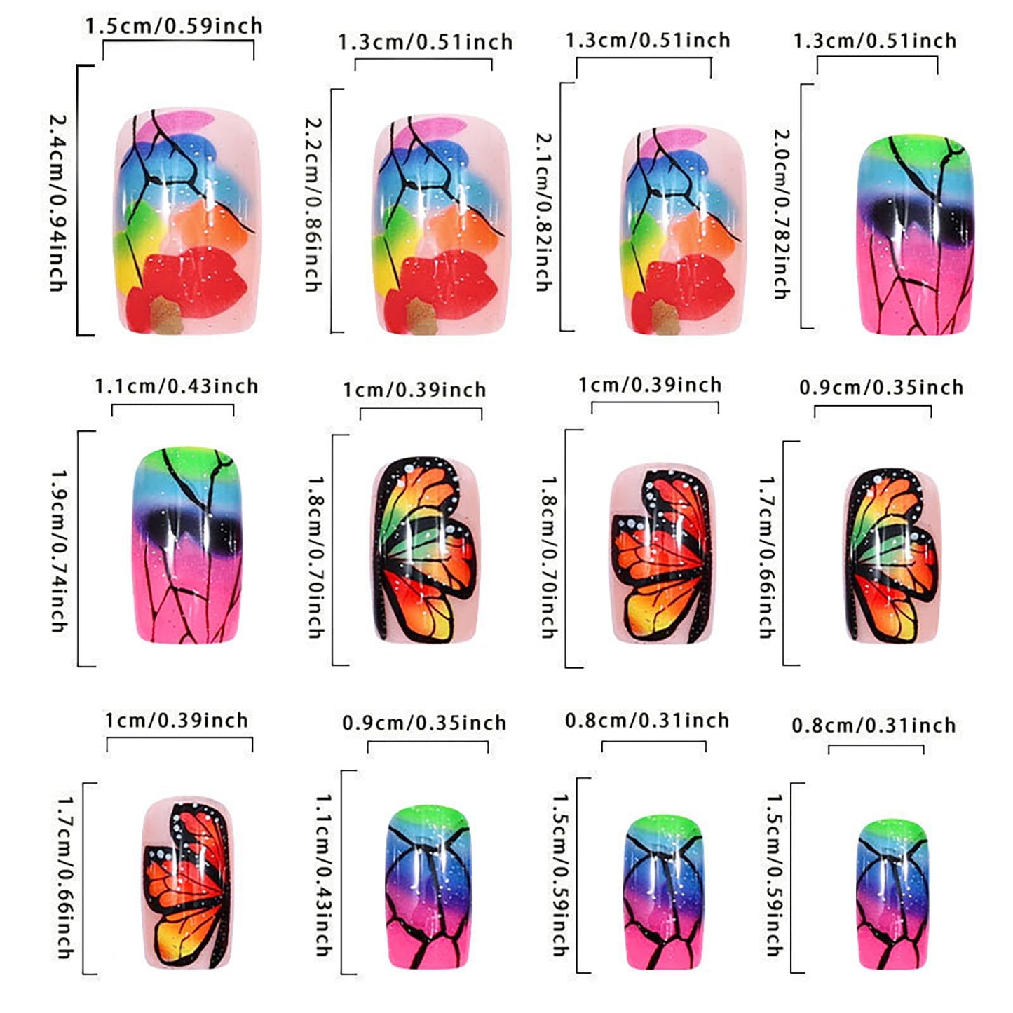 RUOKEXIN Fall Press on Nails Medium Length Fake Nails Square False Nails with Butterfly Designs Sparkly Artificial Nails Full Cover Nail Press ons for Women 24Pcs
