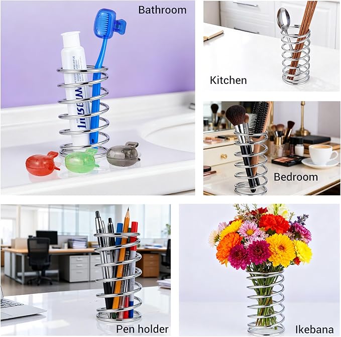 Stainless Steel Toothbrush Holder Spring Shape Pen Holder Makeup Brush Organizer Toothbrush Stand ﻿
