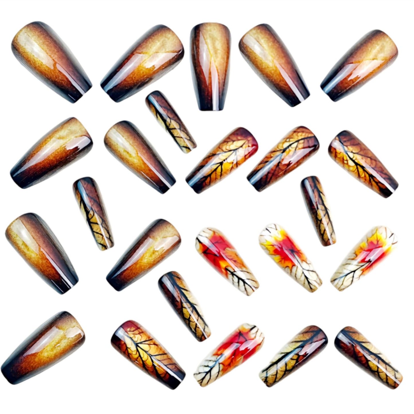 Fall Press on Nails Medium Coffin Fake Nails with Maple Leaves Designs Glossy Glue on Nails Brown Gradient Nails Press ons Autumn Acrylic Artificial Stick on Nails for Women 24Pcs