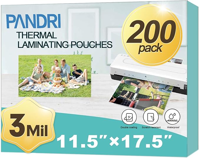 Laminating Sheets, PANDRI 200 Pack Thermal Laminating Pouches Holds 11 x 17 Inch, 3 Mil Plastic Laminator Paper 11.5 x 17.5 Inch, Clear Round Corner