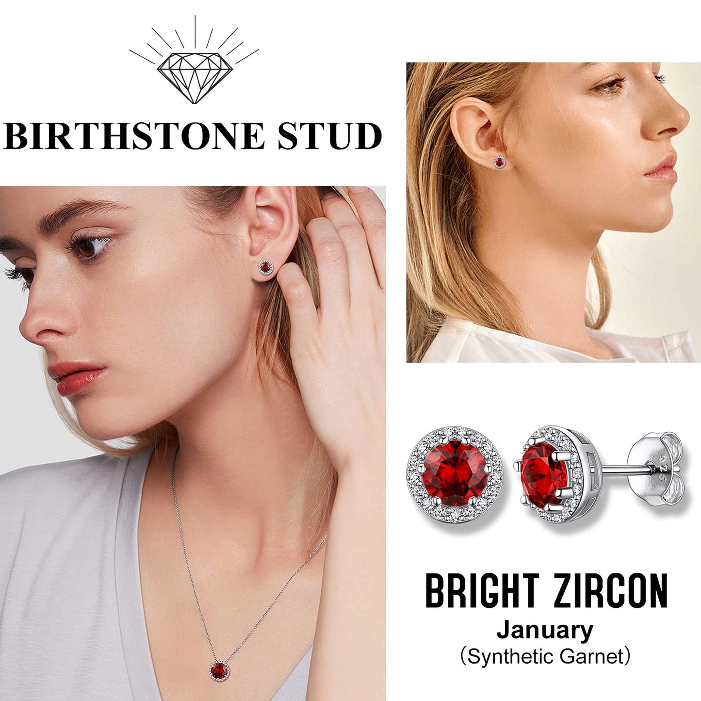 Bestyle 925 Sterling Silver Created Diamond Earrings Round Studs for Women, 5mm January Granet Birthstone Gem Earrings Illuminated by 1mm White Cubic Zirconia