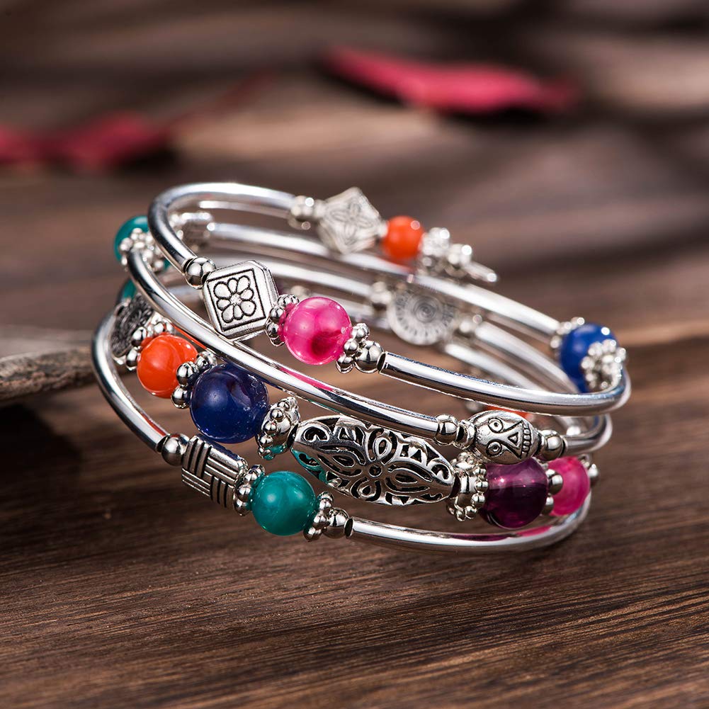 BULINLIN Layered Wrap Bangle Turquoise Bracelet - Bead Bracelet with Natural Agate Stone, Gifts For Women (07-Colorful)
