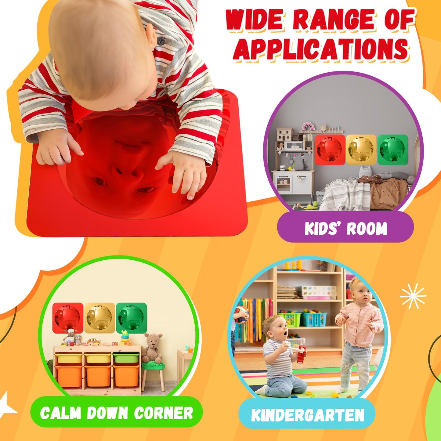 Geiserailie 3 Pcs Sensory Wall Mirror Acrylic Bubble Mirror Toys for Calming Corner Items - Sensory Room Have Visual, Tactile Stimulation (10 x 10 Inch,Red,Yellow,Green)