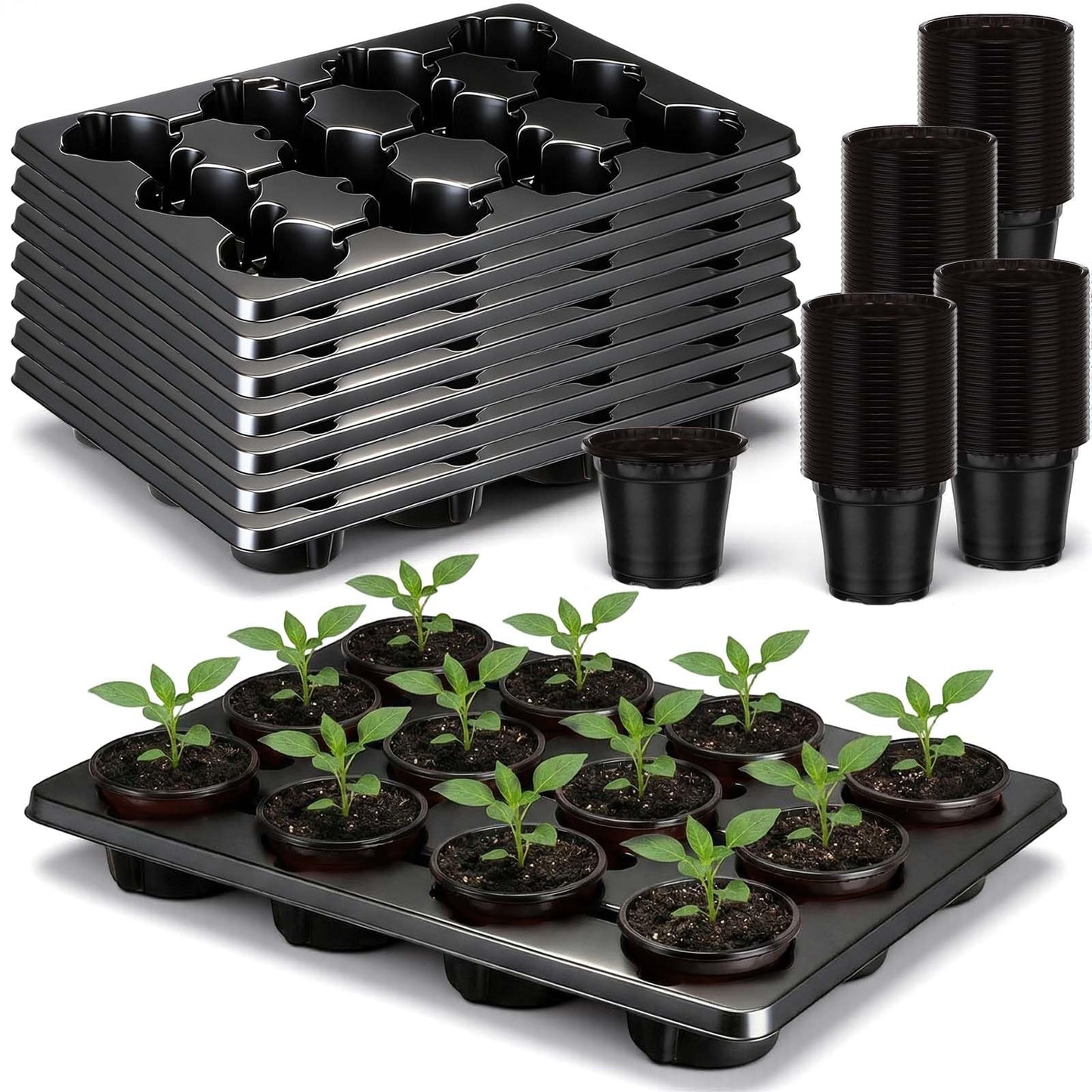 Baderke 96 Pcs 4 inch Seedling Pots and 8 Pcs 12 Cell Reusable Plastic Nursery Pots Trays Thick Sturdy Seeds Starting Germination Carrying Trays Black Small Planter Nursery Propagation 8 Sets(Black)