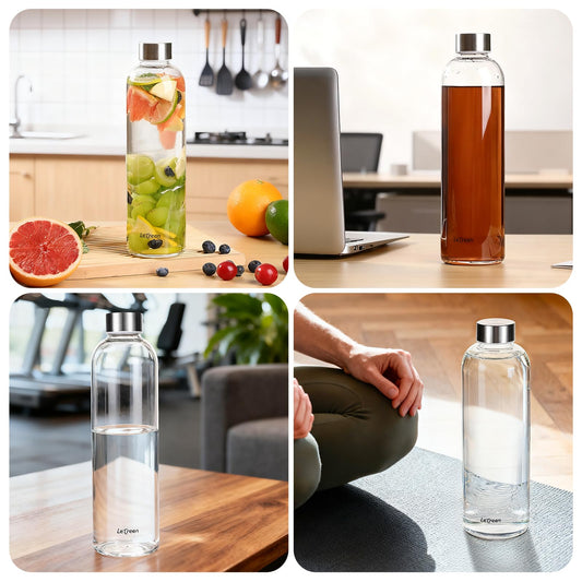 LETREEN Glass Water Bottle 32 oz, Borosilicate Glass Water Bottle with Neoprene Sleeve, BPA-Free Leak Proof Reusable for Hot Cold Drinks, Work, Gym, Home, Sport, Dark Gray
