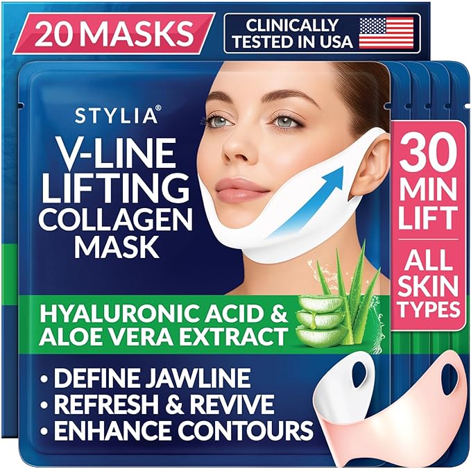 STYLIA V Line Lifting Collagen Face Mask - Lift, Firm & Contour Jawline - Double Chin Strap with Hyaluronic Acid & Aloe Vera - Hydrating Neck & Face Tightening Mask - Chin Strap for Sleeping - 20PC