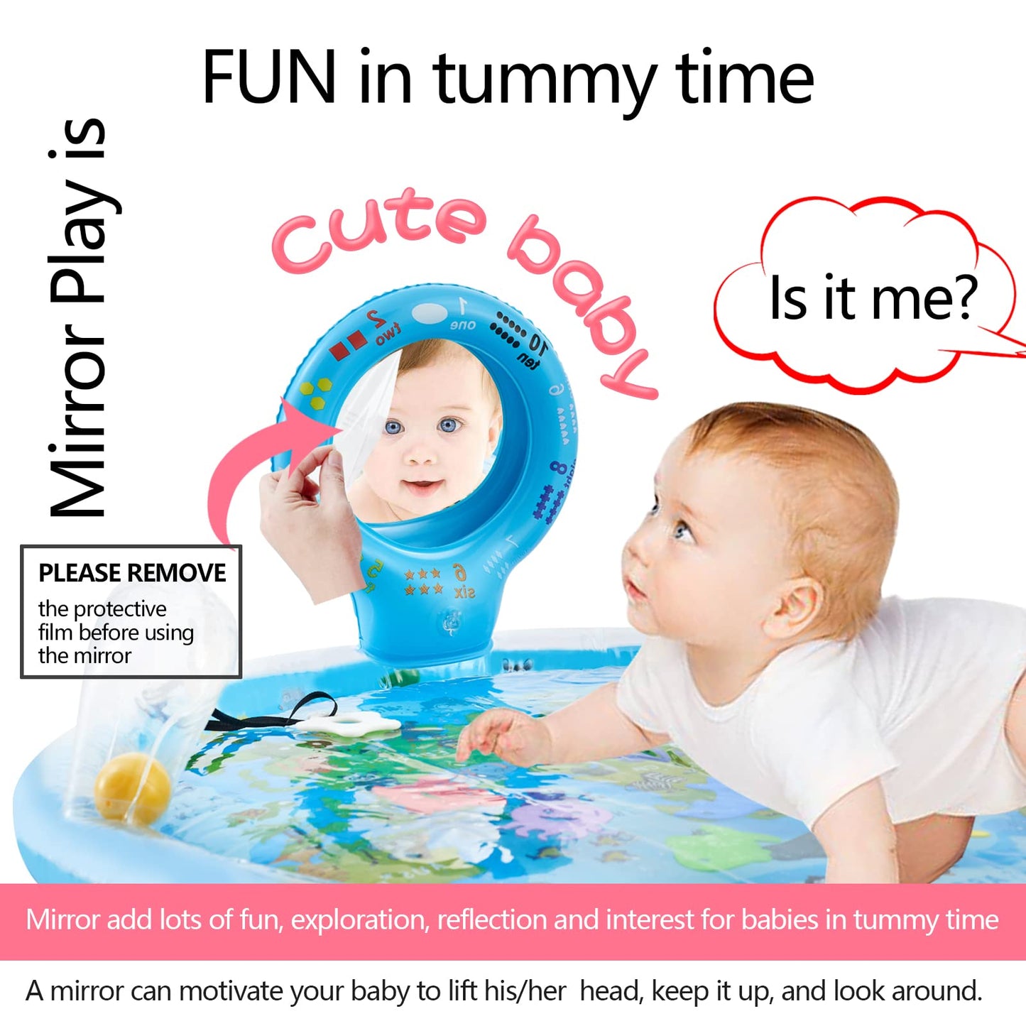 Tummy Time Mat Extra Large 31.5"×31.5" for 3-12 Months Baby, Inflatable Water Playmat with Mirror, Teethers, Rattles & Squeaker, Sensory Activity Center for Motor Development, Visual Stimulation