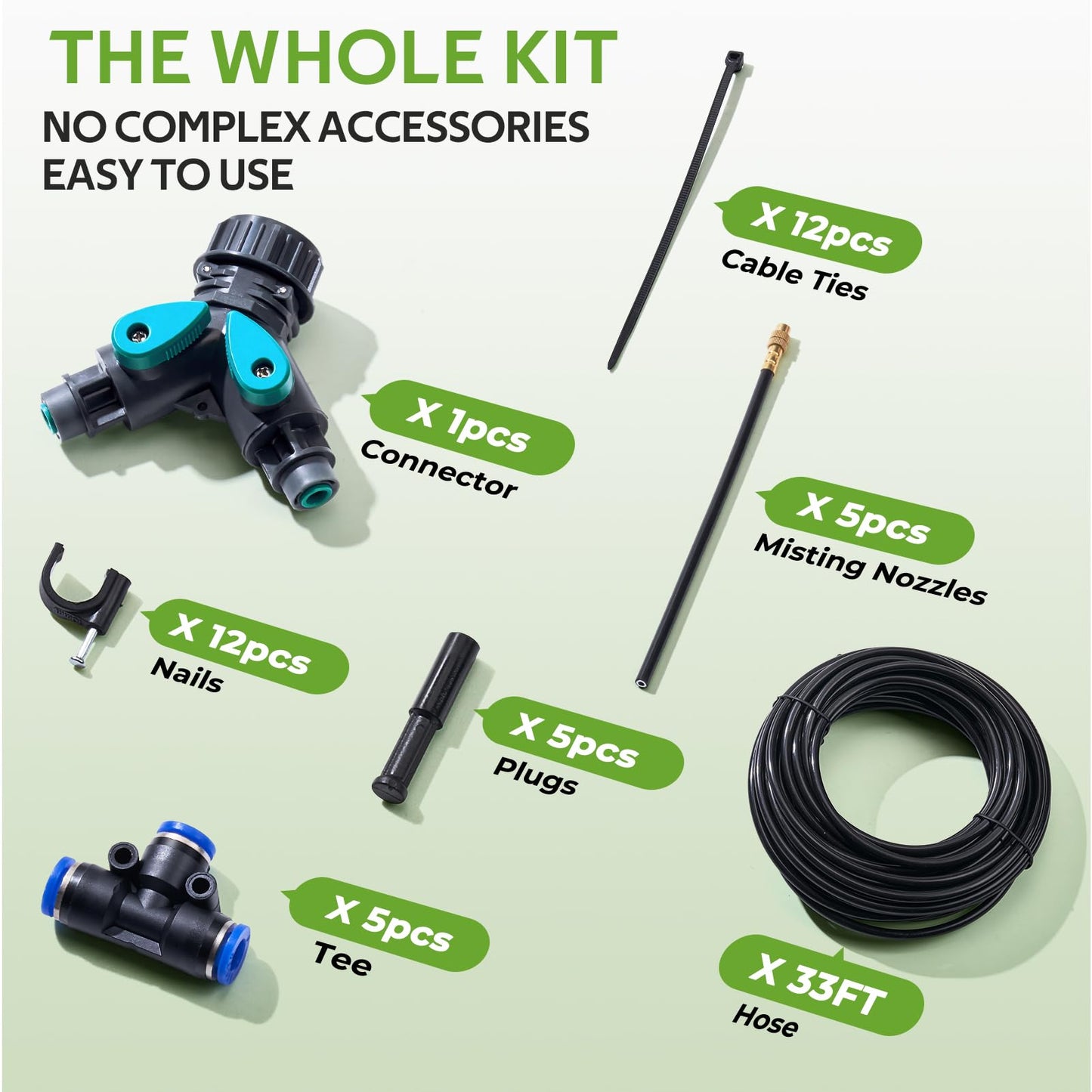 HIRALIY 360° Adjustable Drip Irrigation System 33FT, 1/4" Tubing with 5 Adjustable Copper Nozzles, Automatic Atomizing Watering Kit for Garden, Yard, Lawn, Greenhouse & Potted Plants