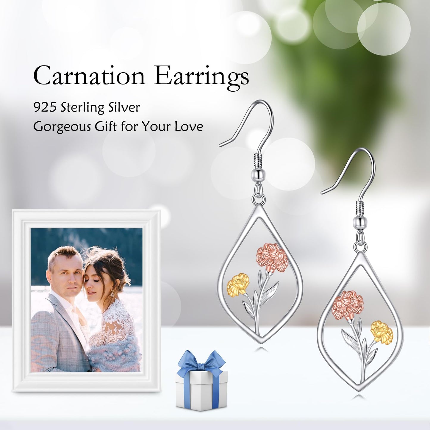 Carnation Earrings 925 Sterling Silver January Birth Flower Dangle Earrings Teardrop Jewelry Gifts For Women