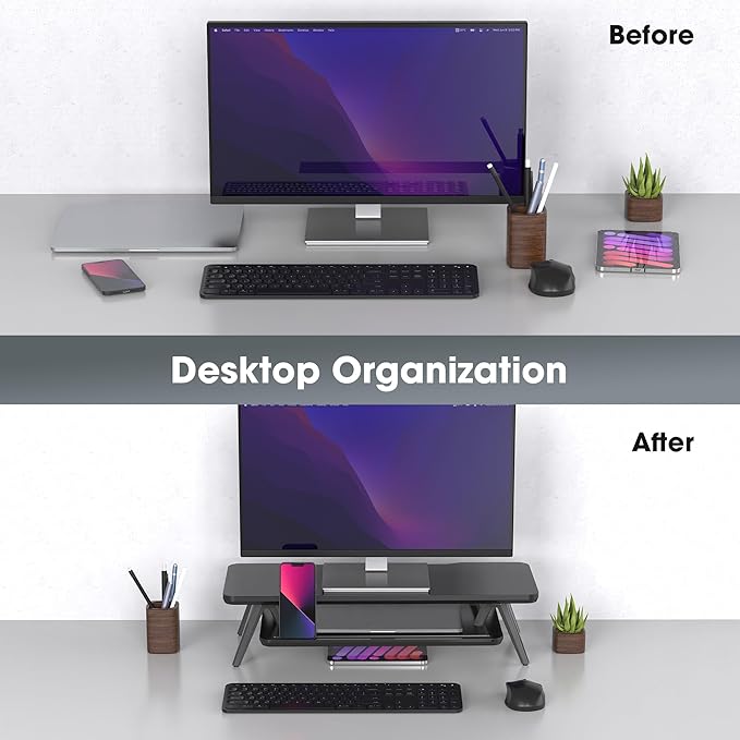 Fenge Monitor Stand, Monitor Stands Riser for Desk, 23.6 Inch Wood Desk Shelf with Storage Organizer and Cable Management for Office Desk Accessories
