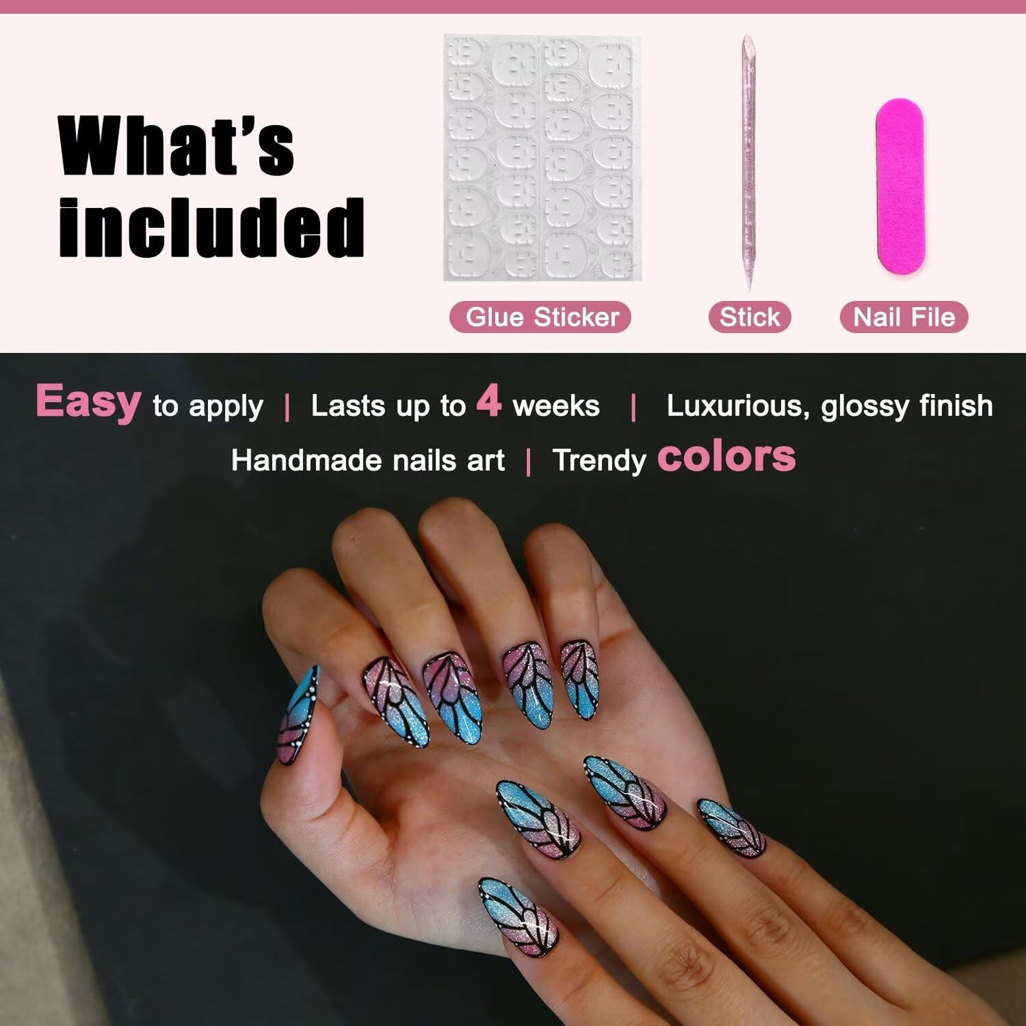 Press on nails-ARTIXY Handmade Nails Medium Almond fake Nails,Butterfly pattern 3D press ons, Reusable Acrylic Stick Ons False Nails Kit for Women, with Nail File, Homemade& Salon quality (10Pcs-M)