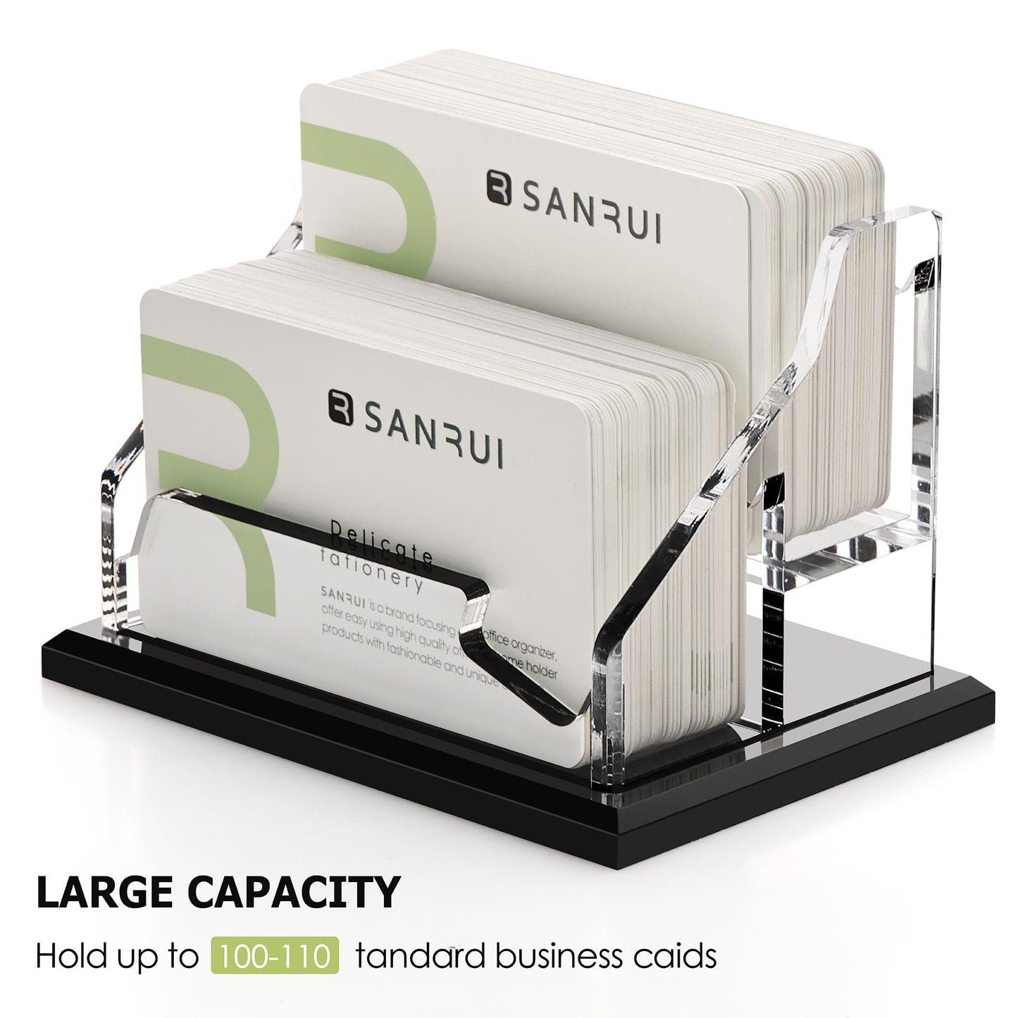 SANRUI Acrylic Business Card Holder, Black Business Cards Display Stand for Desk, Clear Horizontal 2 Slot Desktop Organizer , 120 Card Capacity