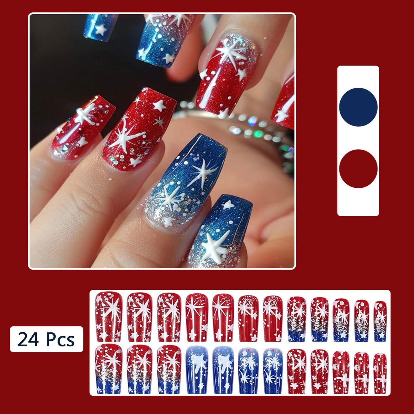 Independence Day Press on Nails Medium Square Fake Nails with Stars Design Red Blue False Nails 4th of July Patriotic Nails Full Cover Glue on Nails Acrylic Stick on Nails for Women 24Pcs
