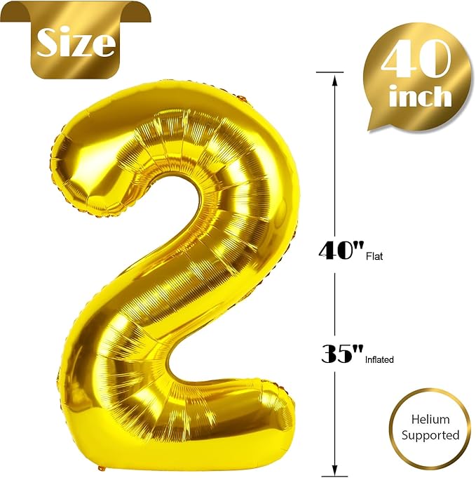 Gold 2 Balloon, Number Balloon 40 Inch, Two Balloon Number Birthday Decorations, Second 2nd Birthday Party Supplies, Number 2 Balloon