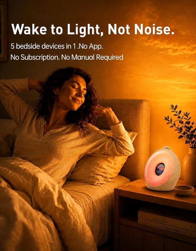 DEKALA Sunrise Alarm Clock for Heavy Sleepers with Pulse Wake, Sunset Sound Machine with Breathing Ambient Light, Loud Alarm for Bedrooms, Wake Up Light, Digital Color Display & 7 Themes, No App
