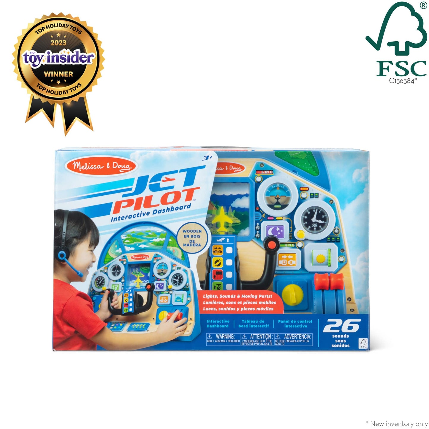 Melissa & Doug Jet Pilot Interactive Dashboard Wooden Toy for Boys and Girls Ages 3+ Cockpit Steering Wheel Pretend to Fly Experience, Fidget Buttons - FSC Certified