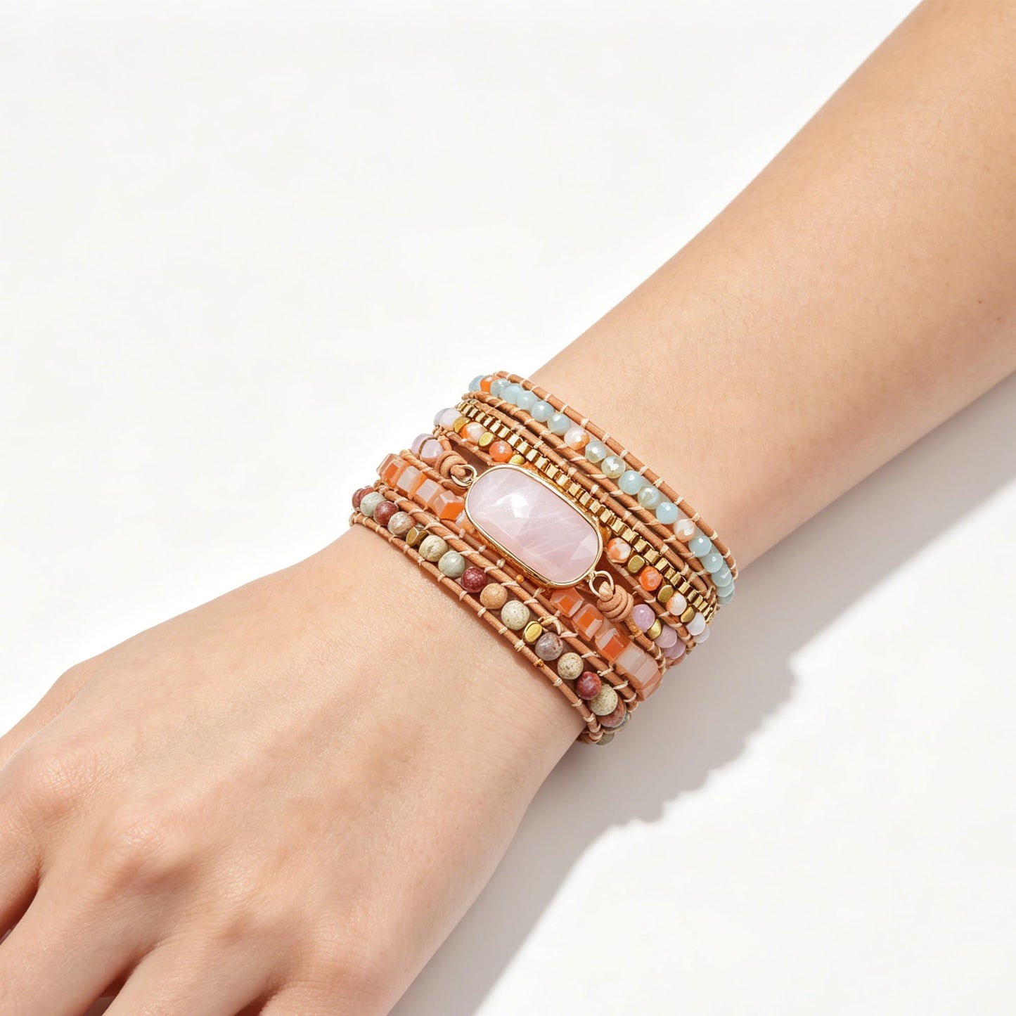 Plumiss Handmade Rose Quartz Leather Wrap Bracelet for Women, Boho Multi-Layer Natural Stone Beaded Strand Bracelets, Adjustable Stackable Jewelry Gift for Mom Girlfriend