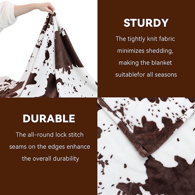 Cow Print Twin Blanket 60"x80" - Soft & Cozy Flannel Fuzzy Throw for Bed, Couch, Travel | Lightweight All-Season Bedding Decor (Black/White)