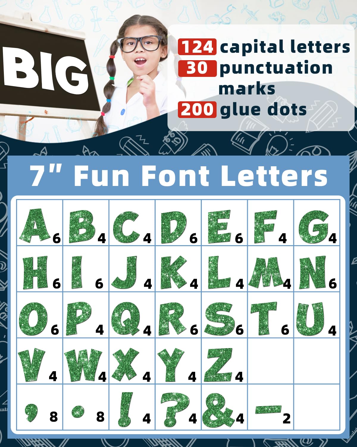 154 Pcs Large 7" Glitter Bulletin Board Letters, Poster Board Letters Alphabet Punctuation Cut Out Cardboard Letters Accessories for Classroom Display Decorating Supplies 7inch