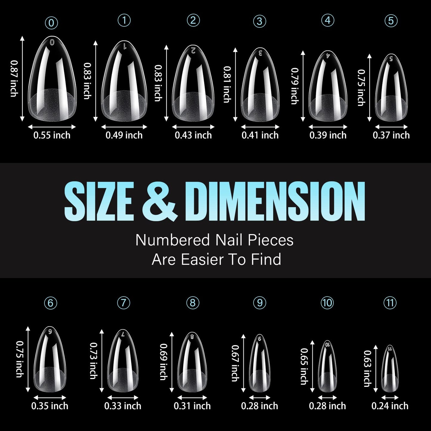 TOMICCA Medium Almond Nail Tips, 192Pcs 12 Sizes Acrylic Pre Buffed Medium Almond False Gel Tips, Full Cover Half Matte Nails for Nail Art Extension Press on Nails