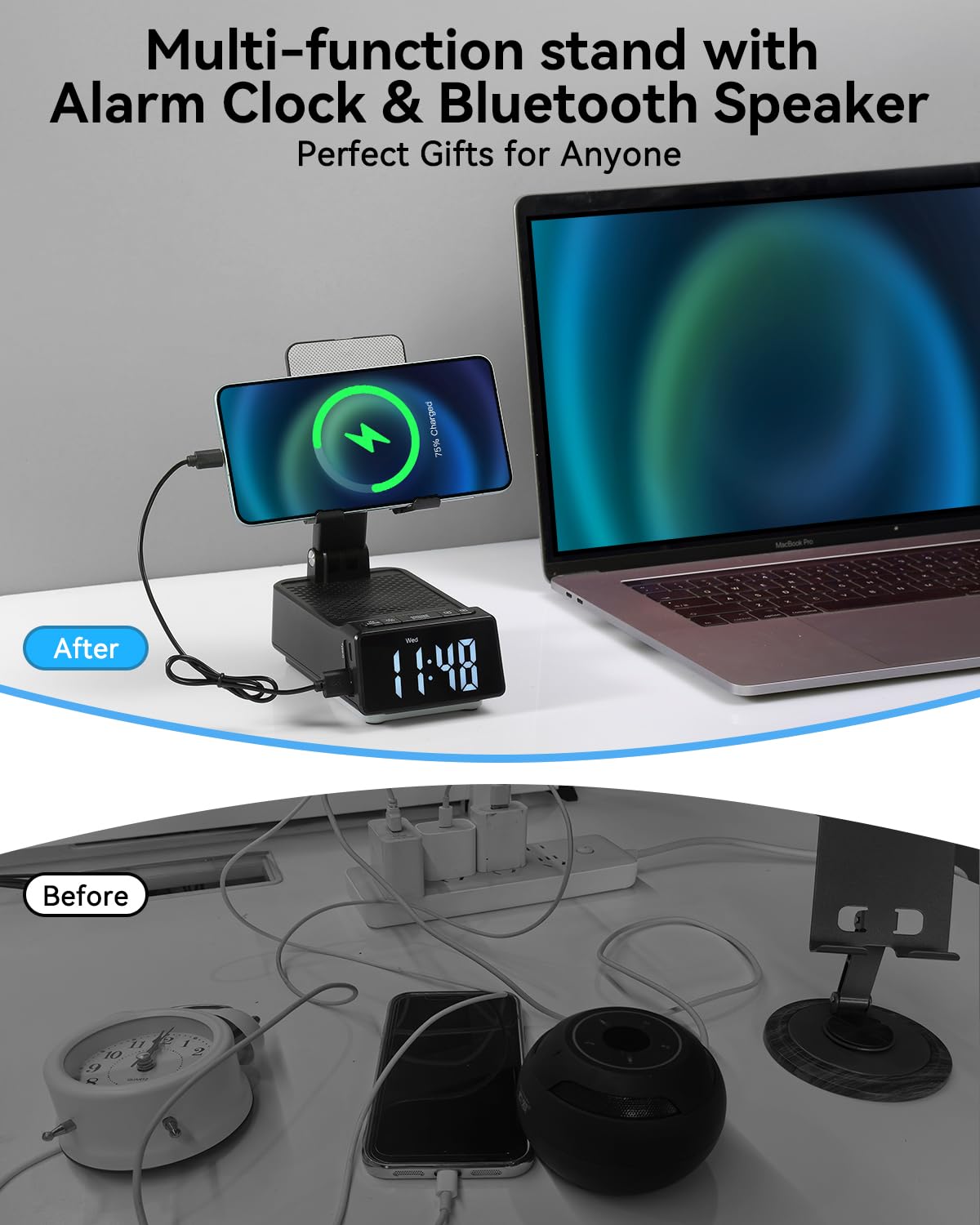 Father's Day Gifts for Dad, Birthday Gifts for Men, 7 in 1 Phone Stand Bluetooth Speaker with Alarm Clock, Wireless Charger, Light, USB Playback & Hands-Free Calling