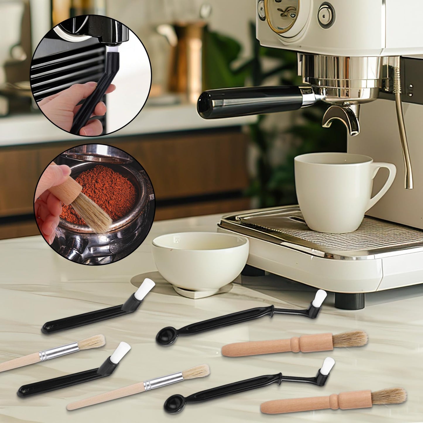 8pcs Coffee Cleaning Brush Set, Espresso Machine & Grinder Cleaning Brushes Long Handle Flexible Brush Cleaner and Scoop Tool for Clean Coffee Maker Grinder Brew Head and Barista Accessories