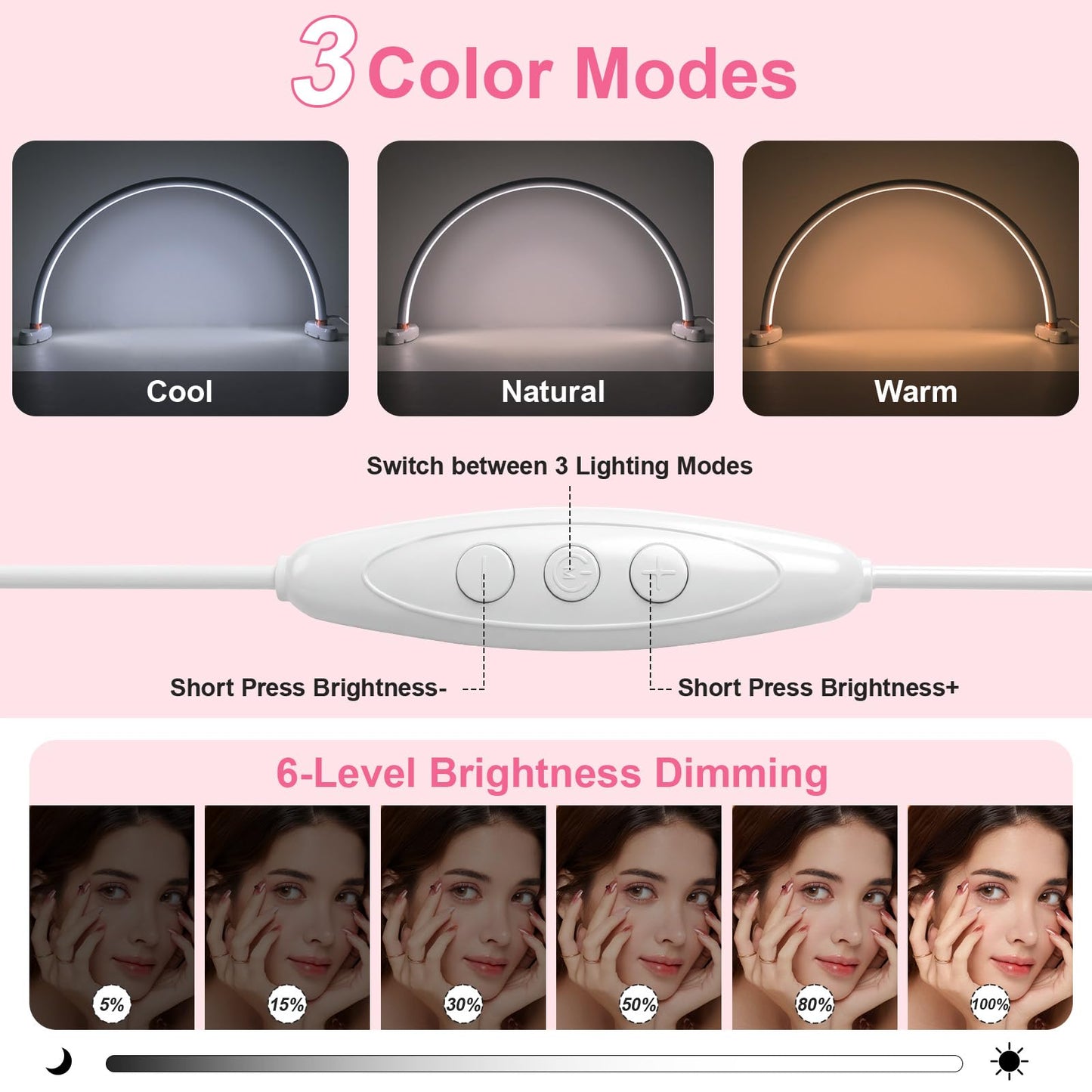 obcd Half Moon Light for Nail Desk 16 inch Nail Desk Light Half Moon Lamp Portable Arch Lamp Dimmable with Foldable Bracket for Desk Salon Table Use, 3 Color Temperature