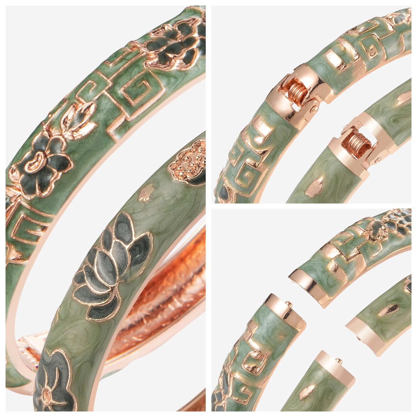 UJOY Vintage Cloisonne Bracelets Flower Enameled Jewelry Plated Cuff Bangle for Women Gift Box 55A35-55A114 Green