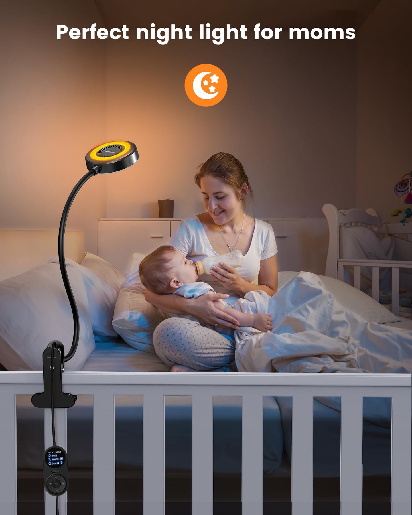 Glocusent 72 LED Clip on Lamp with Remote, Reading Light with Amber Ring, 3 Colors & 5 Dimmable Bed Lamp, 30/60-Min Auto Off Timer, Clamp Light for Headboard/Dorm/Bunk (Black)