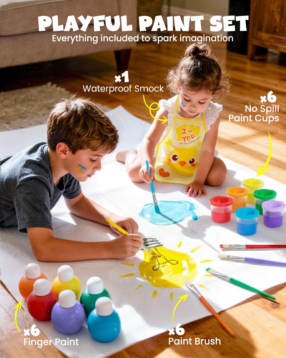 JUPITEARTH 6 Colors Washable Paint Set for Kids Ages 3-6, 4.06oz(120ml), Non-Toxic, Includes Brushes, Cups and Apron, Creative Gift for Toddlers and Preschoolers