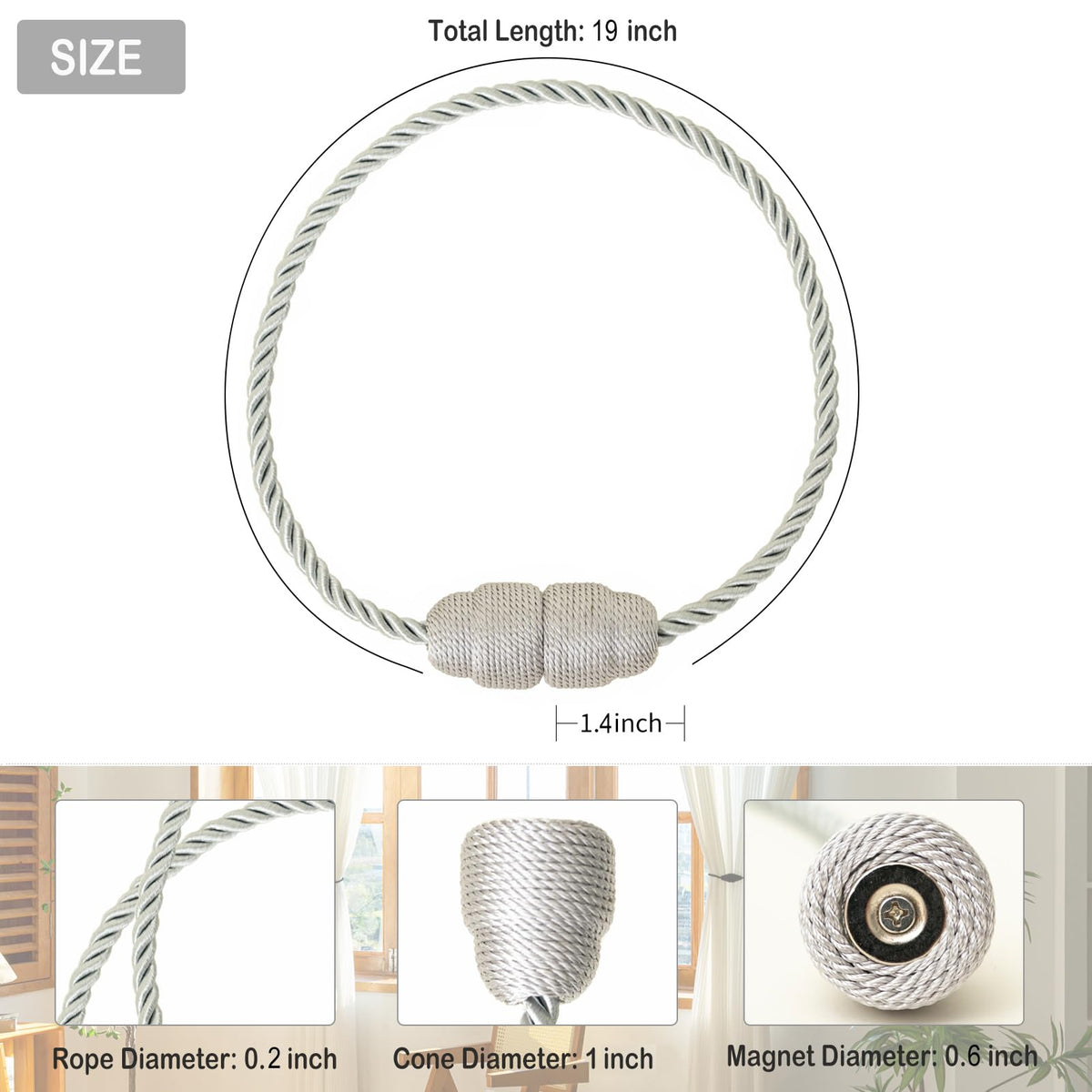 Magnetic Curtain Tiebacks Rope Curtain Tie Backs for Curtains 6 Pack Curtain Holders for Drapes Decorative Window Curtain Holdbacks (6 Count)