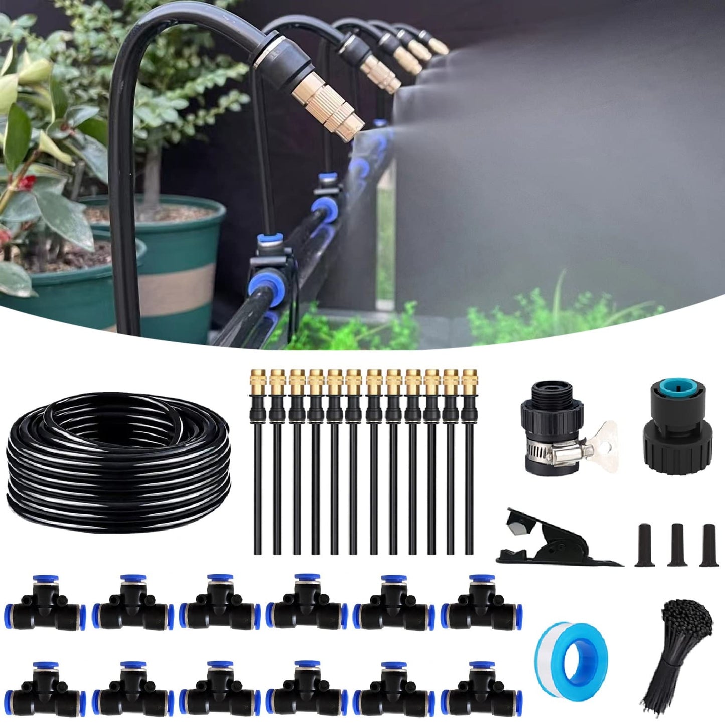 50FT Drip Irrigation Kit, Automatic Garden Watering System with Tool-Free Quick Connectors, 360° Bending Drippers & Copper Misting Nozzles for Greenhouse, Patio, Lawn & Vegetable Garden. (15M)