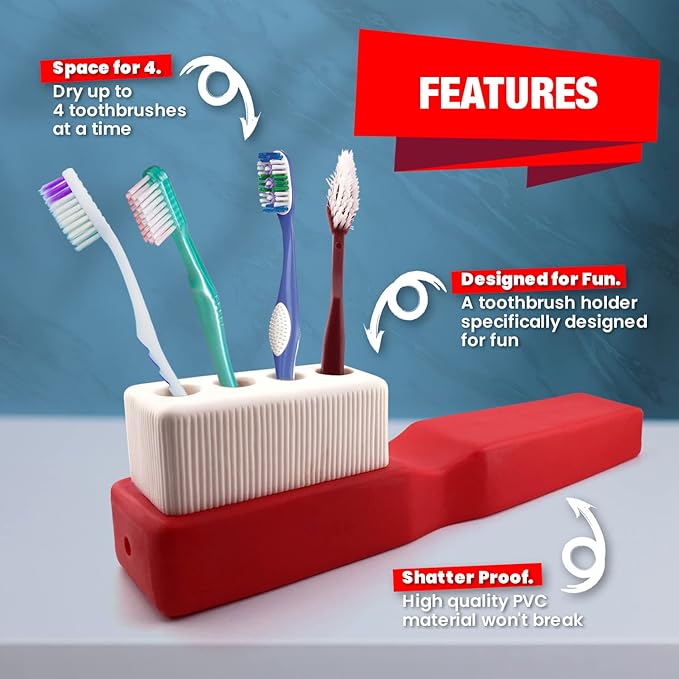 Shatterproof Toothbrush Holder – Fun Giant Toothbrush-Shaped Design for Kids – 4-Slot Stand for Toothbrushes, Pens, or Pencils – Durable PVC with Drainage Hole for Clean & Hygienic Storage