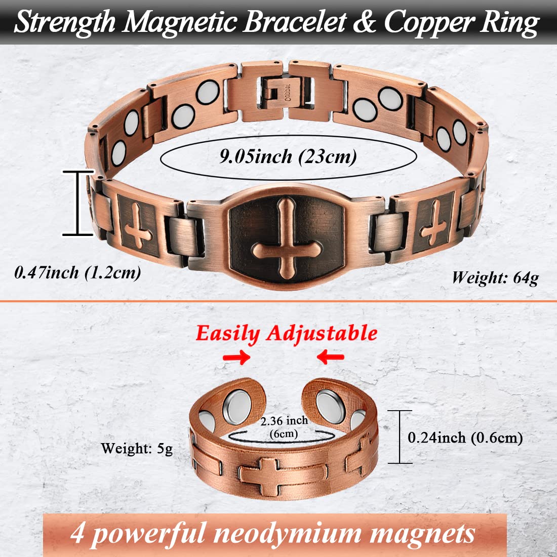 Cigmag Copper Bracelet for Men Double Row Ultra Strength Magnets Pure Copper Magnetic Bracelet & Ring with Adjustable Sizing Tool (Cross)