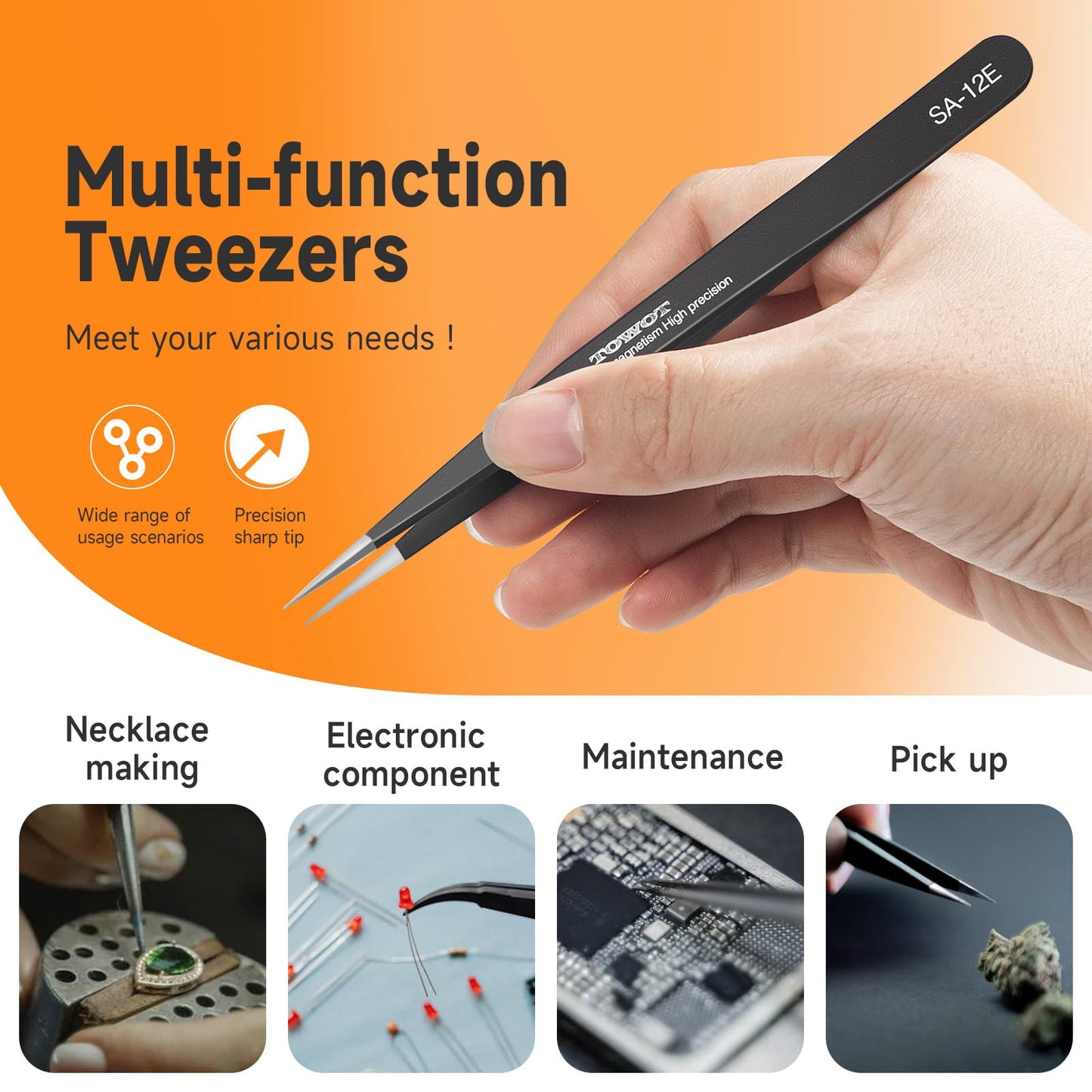 TOWOT 3 PCS Precision Tweezers Set, Premium Anti-static Stainless Steel Electronics Tweezers for Craft, Soldering, Jewelry Making, and Experimental Work Industrial Tweezers