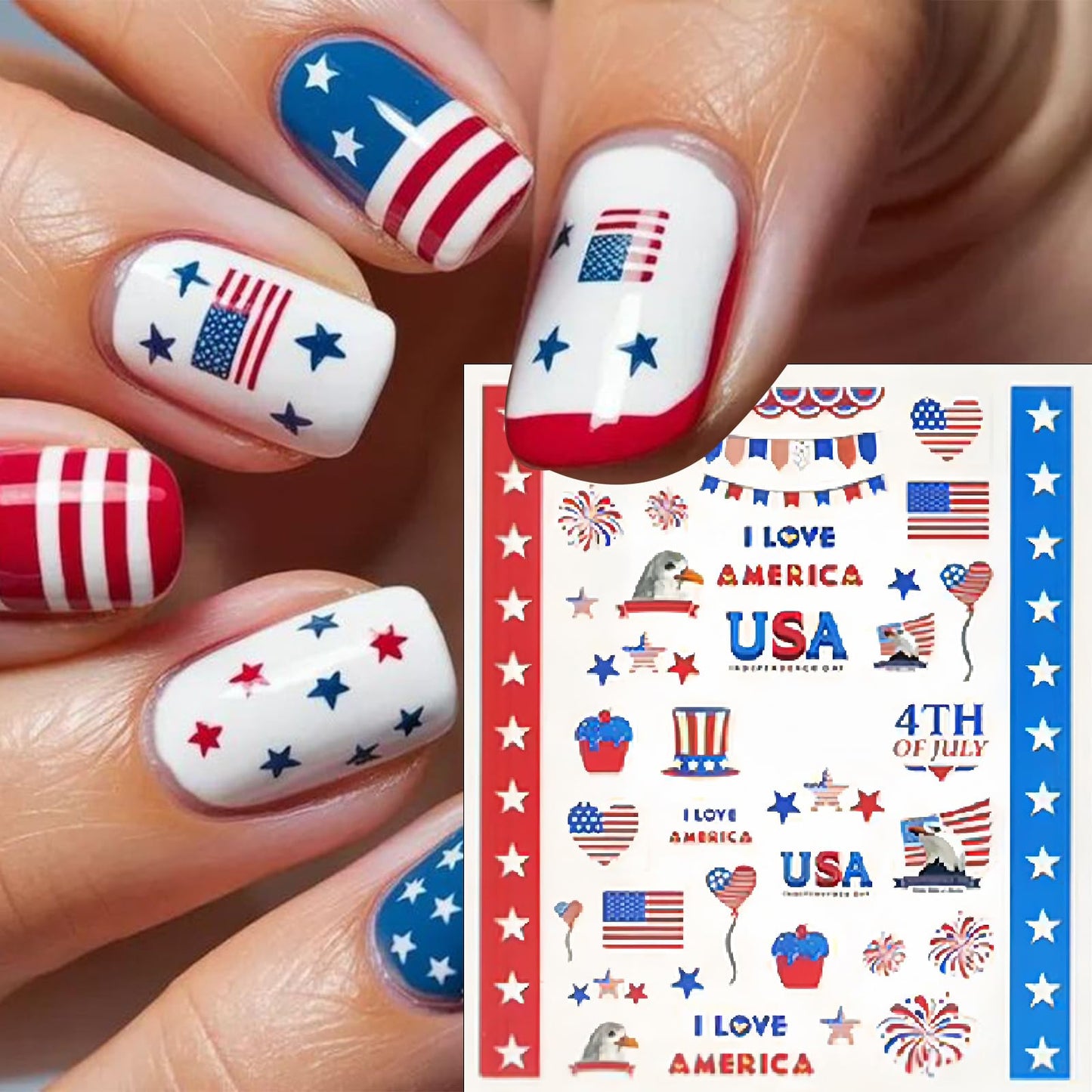 5 Sheets Independence Day Embossed Nail Art Stickers Self-Adhesive July 4th American Flag Eagle Fireworks Balloon Design Statue of Liberty Women's Nail Decoration