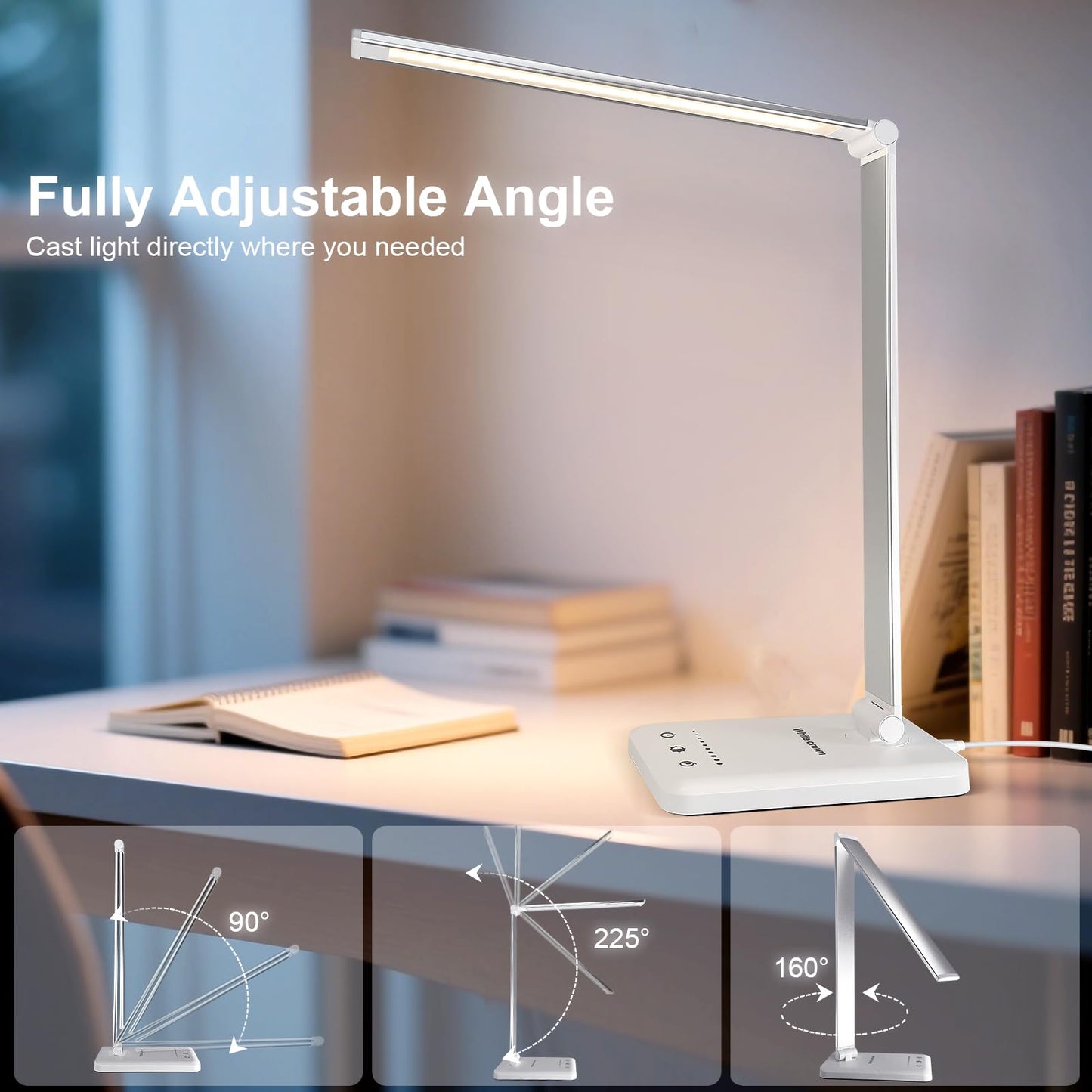White crown LED Desk Lamp Dimmable Table Lamp Reading Lamp with USB Charging Port, 5 Lighting Modes, Sensitive Control, 30/60 Minutes Timer (White, First-Generation)