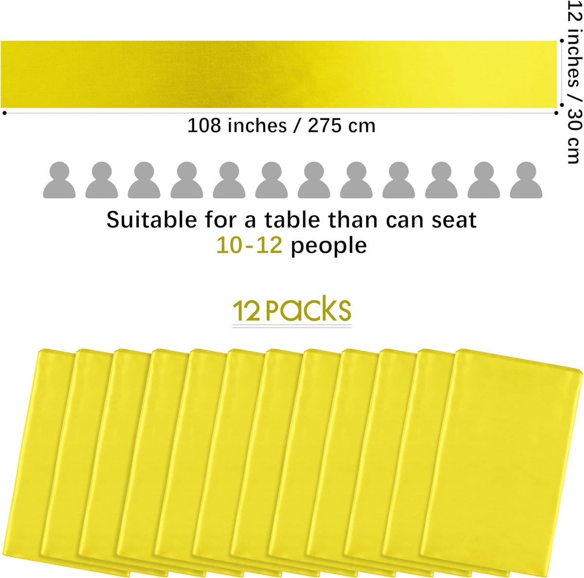 Aneco 12 Pack Satin Table Runner 12 x 108 Inch Yellow Long Wedding Satin Silk Table Runner for Wedding Banquet Graduations Birthday Party Decoration