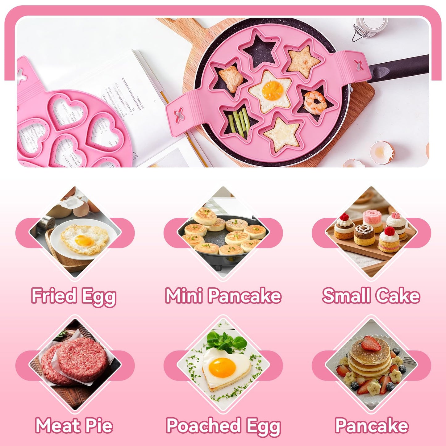 2PCS Pancake Maker Mold, 7 Cavity Star/Heart Shape Nonstick Reusable Silicone Egg Mold Ring with Handle Kitchen Cooking Baking Tools for Muffin Fried Egg Burger